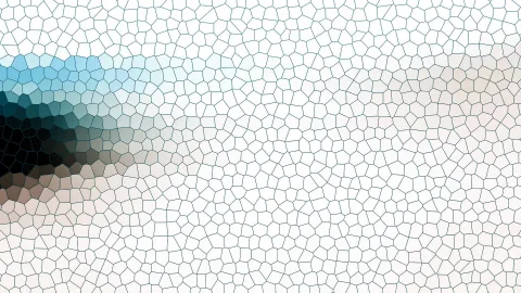 Netz aus unregelmäßigen weißen Kacheln mit dunklen Fugen, das von links oben in Hellblau und Türkis zu Schwarz und Beige übergeht.
