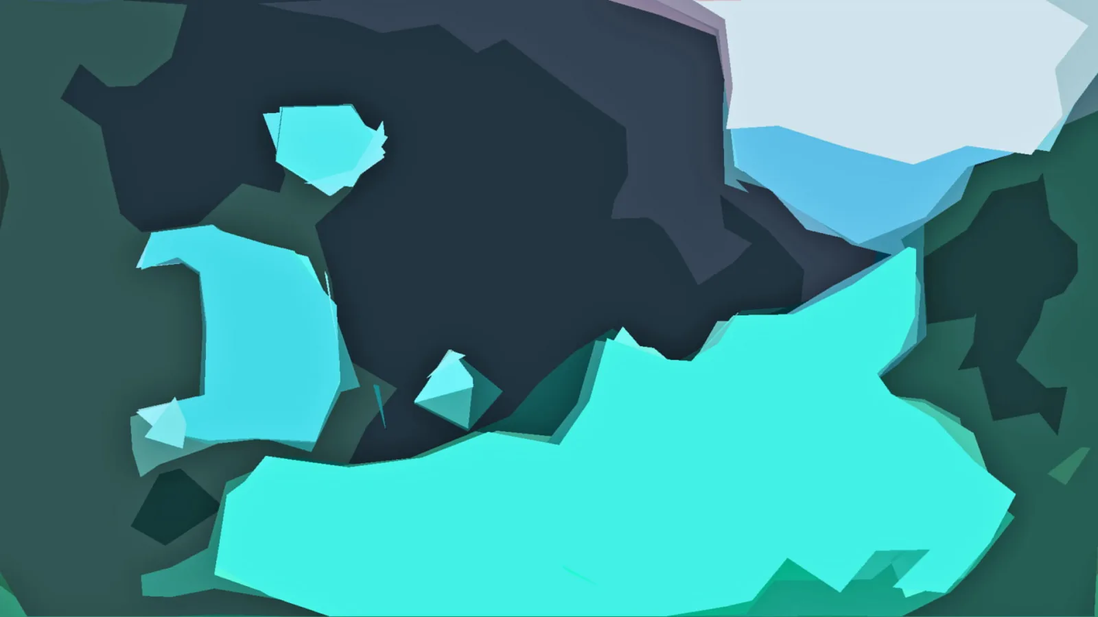 Abstrakte Komposition aus türkisfarbenen, dunkelblauen und hellblauen Flächen mit kantigen Formen vor dunkelgrünem Hintergrund.