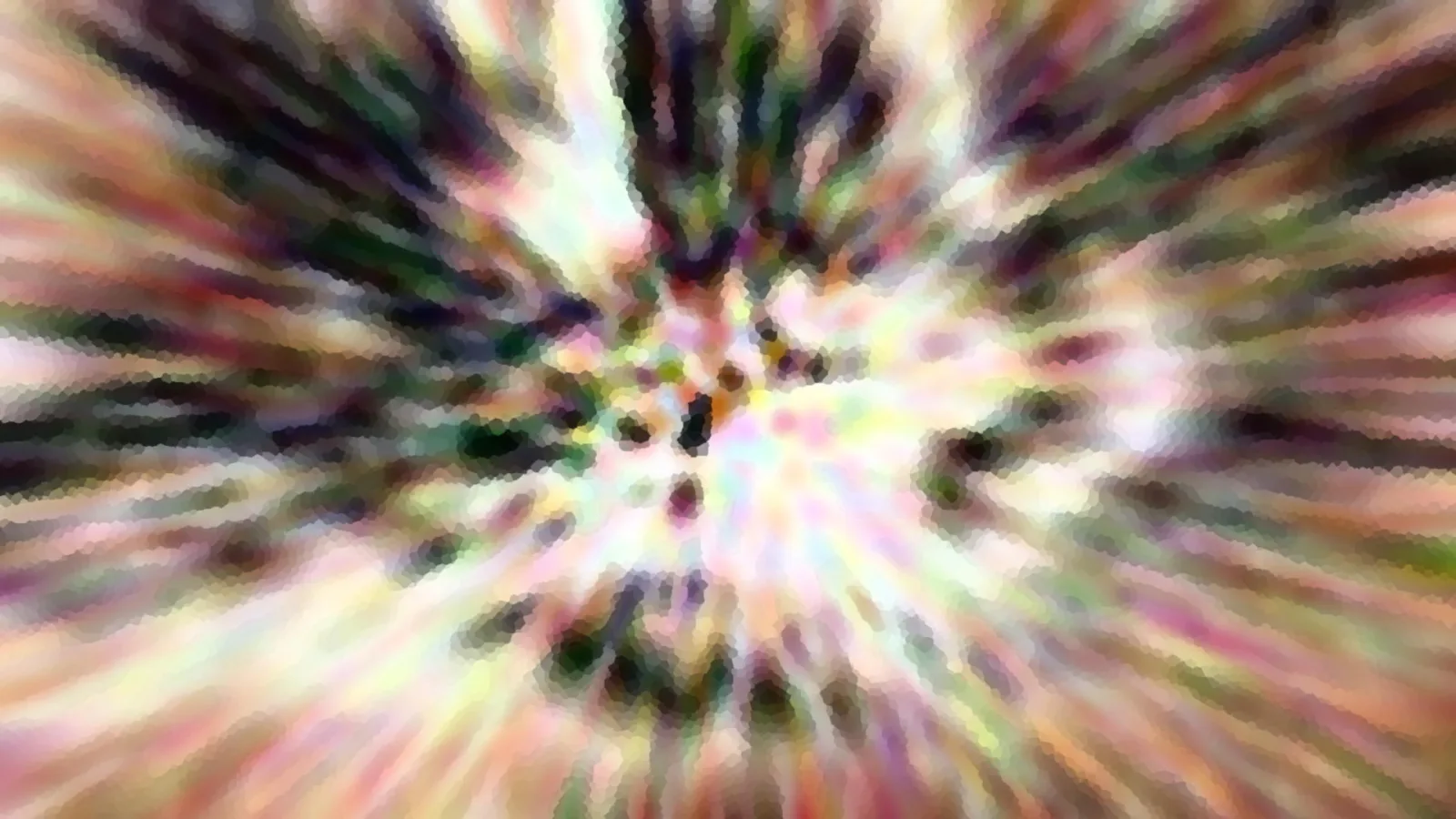 Abstrakte Komposition aus bunten, radial vom Zentrum ausstrahlenden Streifen in Pastelltönen mit dunklen Flecken und pixeligem Mosaikeffekt.