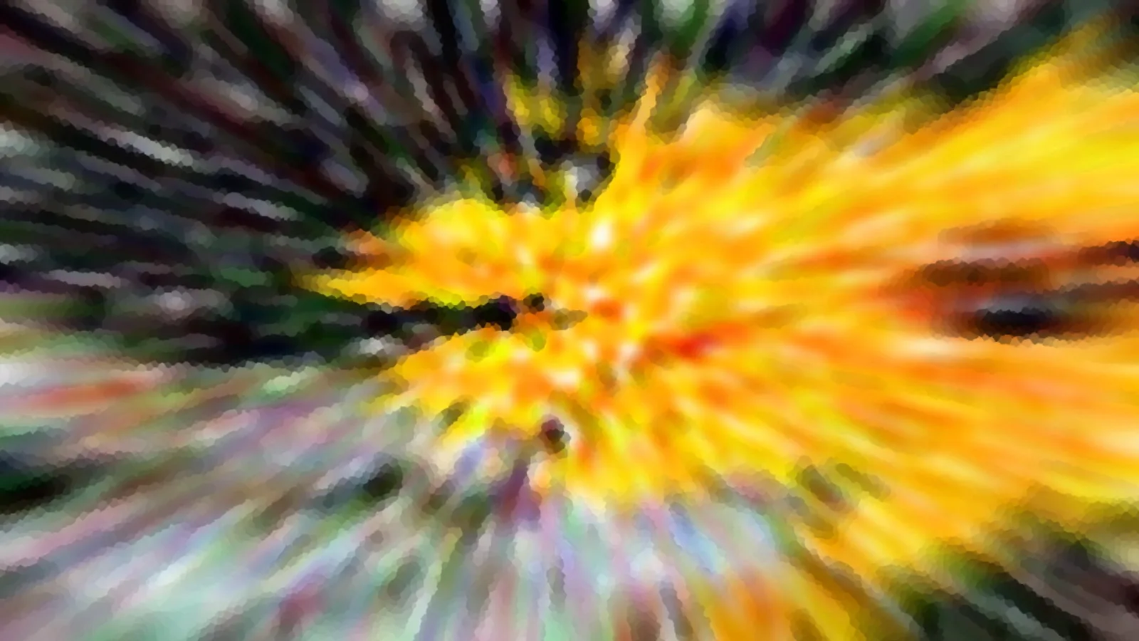 Abstraktes Bild mit leuchtend gelbem Zentrum und radial verlaufenden, verwischten Streifen in Grün, Schwarz und Violett