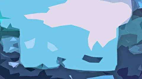 Abstrakte Low-Poly-Komposition aus blauen und türkisen Dreiecksflächen mit einer großen blassrosa Form oben rechts und dunklen Felsformen an den Rändern.