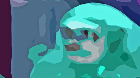 Facettiertes, abstraktes Porträt mit angedeutetem Gesicht in Türkis, Mintgrün und Blau-Violett vor einem blaugrauen Hintergrund.