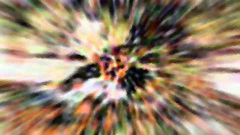 Abstrakte Komposition aus bunten Farbstrahlen, die von einem dunklen Zentrum radial nach außen laufen, mosaikartig pixelig.