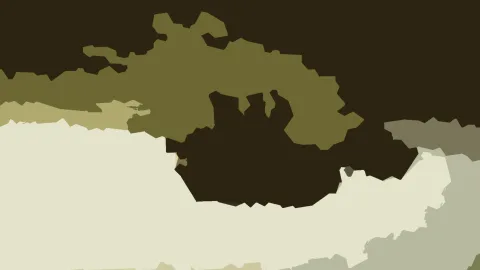 Abstrakte Komposition aus flachen, unregelmäßig geformten Flächen in dunklem Braun, Olivgrün, Hellgrün, Creme und Grau.