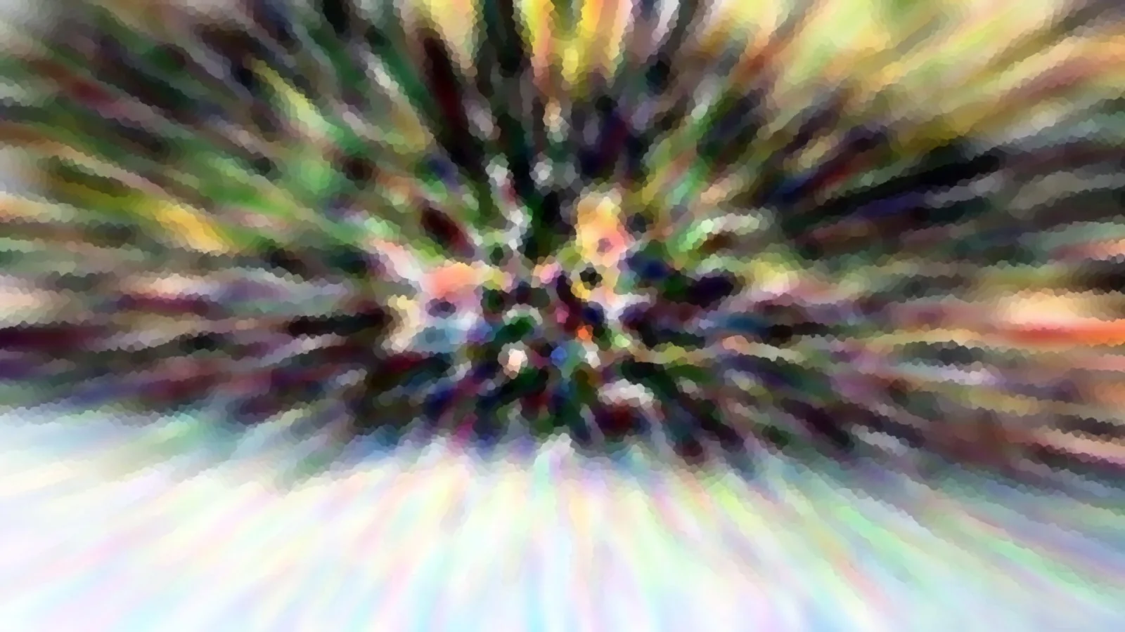 Abstrakte Komposition mit radial von der Mitte nach außen laufenden Streifen in Grün, Schwarz, Gelb und Weiß, grob gepixelt und unscharf.
