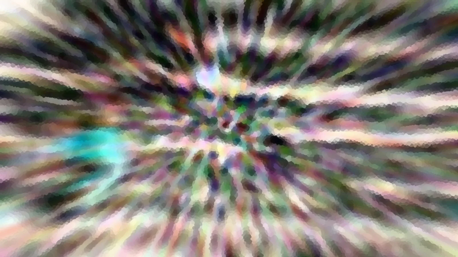 Abstrakte Komposition aus bunten Streifen, die radial von einem hellen Zentrum nach außen laufen, mit mosaikartiger Körnung und einem türkisfarbenen Fleck links.
