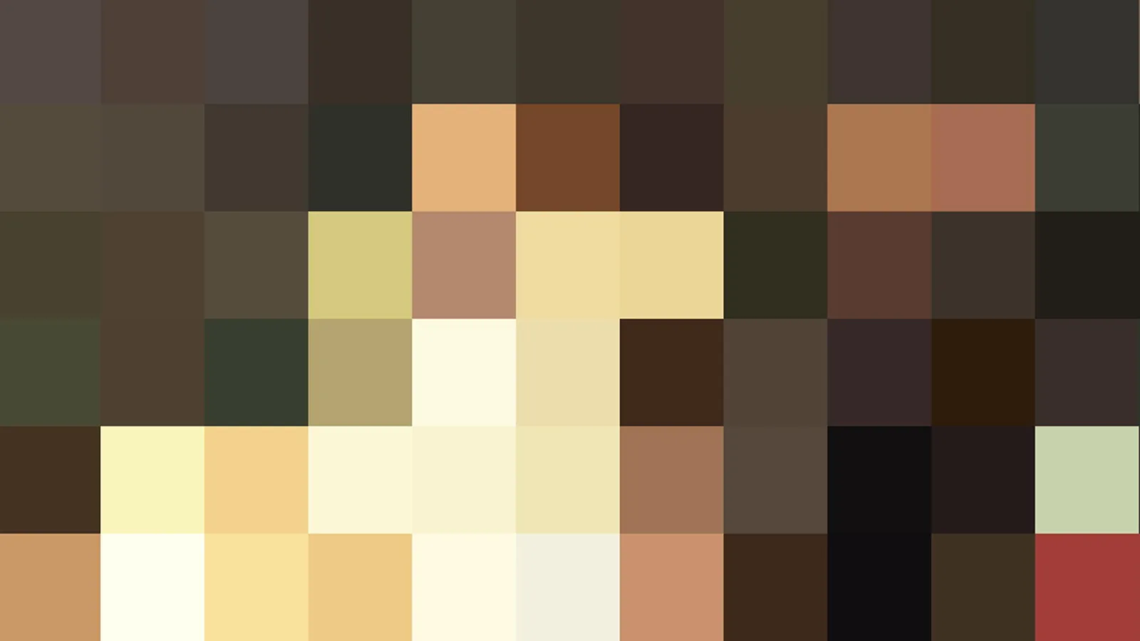 Pixelmosaik aus Blöcken in Braun, Beige, Creme und einem roten Feld unten rechts.