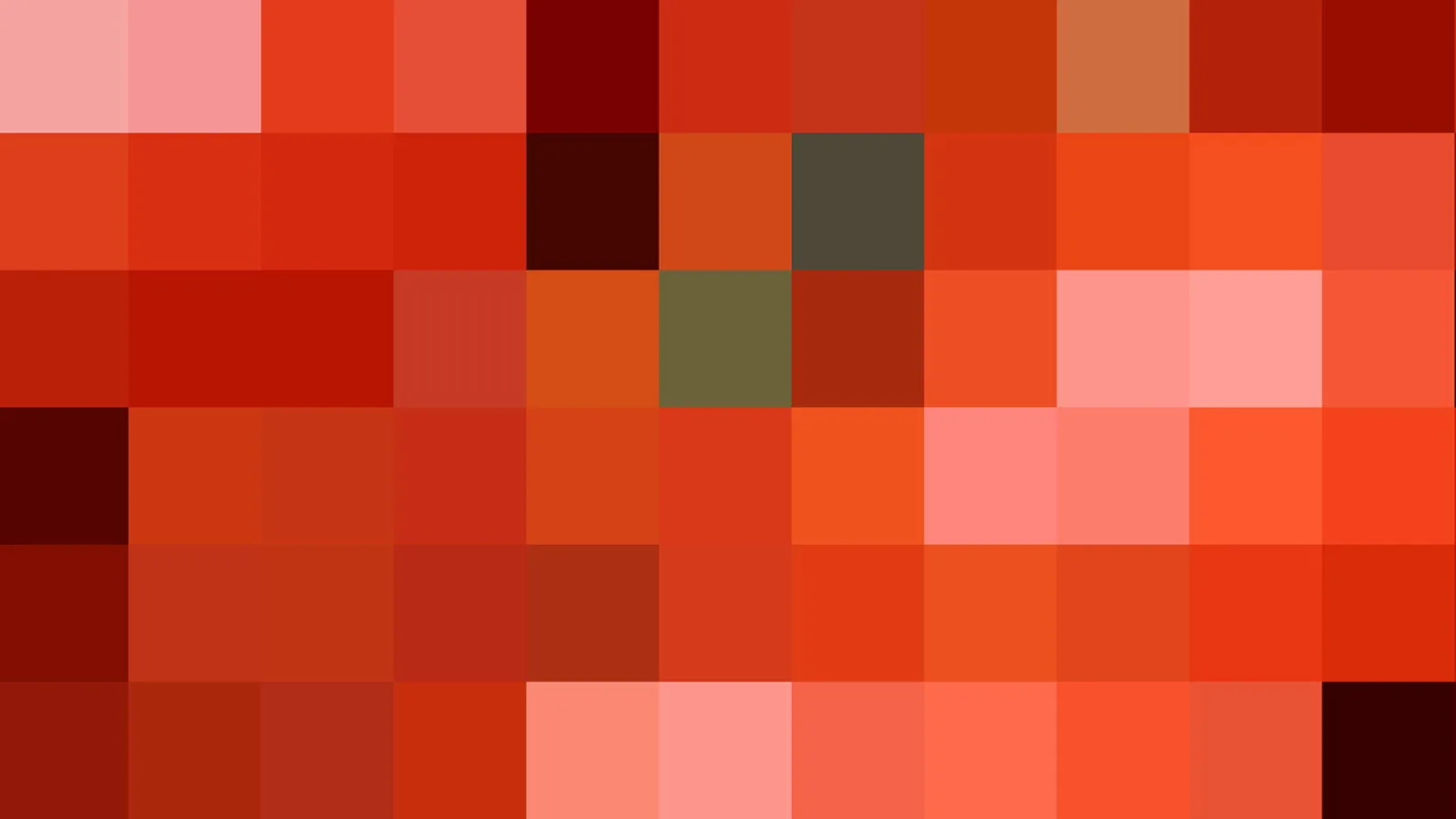 Abstrakte Komposition aus großen, leicht versetzten Farbquadraten in Rot-, Orange- und Rosatönen, mit einzelnen dunklen und olivfarbenen Feldern.