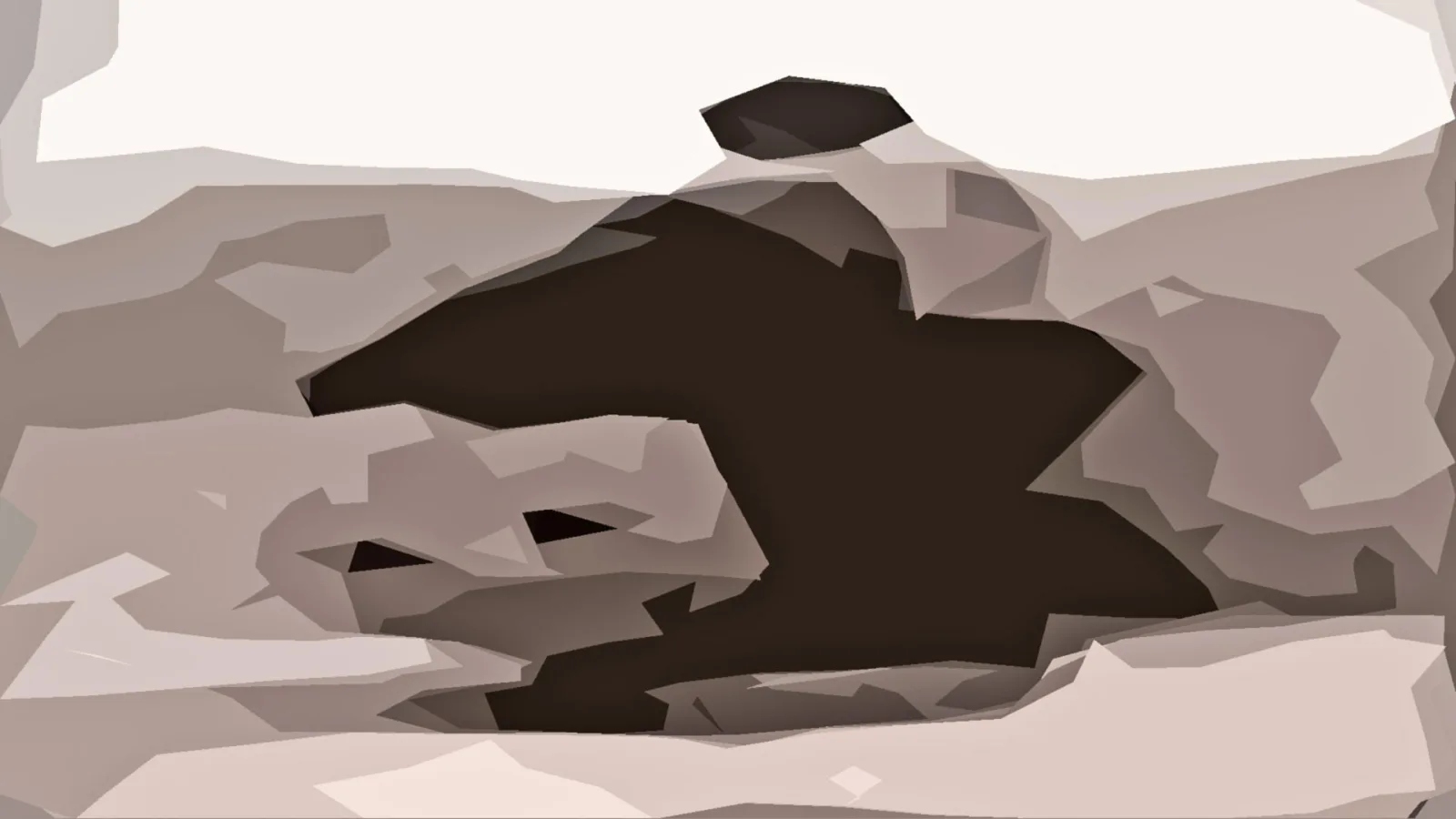 Abstrakte Komposition aus polygonalen Flächen in Beige, Grau und Braun, mit einer großen dunklen, tierähnlichen Form in der Mitte und einer hellen Fläche oben.