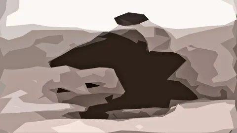 Abstrakte Komposition aus polygonalen Flächen in Beige, Grau und Braun, mit einer großen dunklen, tierähnlichen Form in der Mitte und einer hellen Fläche oben.