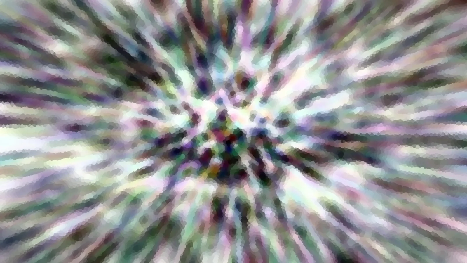 Abstraktes Bild mit farbigen Streifen, die von einem zentralen Punkt nach außen strahlen, in Grün, Violett und Weiß, mosaikartig verpixelt.