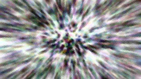 Abstraktes Bild mit farbigen Streifen, die von einem zentralen Punkt nach außen strahlen, in Grün, Violett und Weiß, mosaikartig verpixelt.