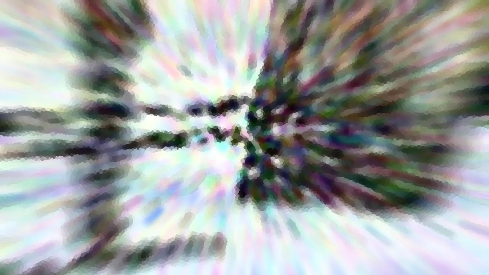 Radial verwischte abstrakte Komposition in Pastellfarben mit dunklen Flecken im Zentrum, die in alle Richtungen ausstrahlen.