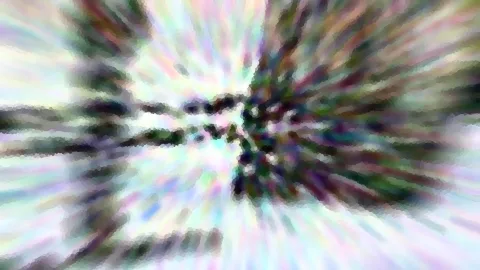 Radial verwischte abstrakte Komposition in Pastellfarben mit dunklen Flecken im Zentrum, die in alle Richtungen ausstrahlen.