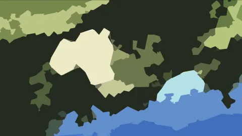 Abstrakte Komposition aus grünen, cremefarbenen und blauen Flächen auf dunklem Grund.