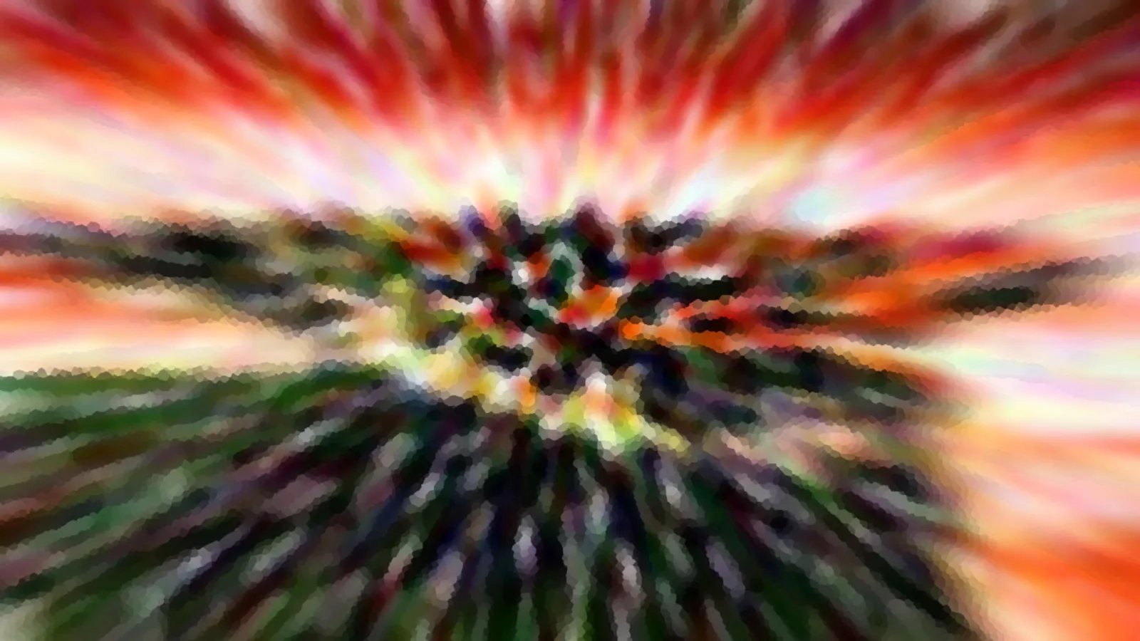 Abstrakte Farbexplosion aus roten, orangefarbenen und grünen Streifen, die von einem dunklen Zentrum radial nach außen laufen, mit grobem Mosaik-Raster.