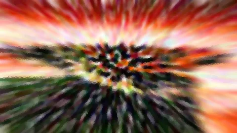 Abstrakte Farbexplosion aus roten, orangefarbenen und grünen Streifen, die von einem dunklen Zentrum radial nach außen laufen, mit grobem Mosaik-Raster.