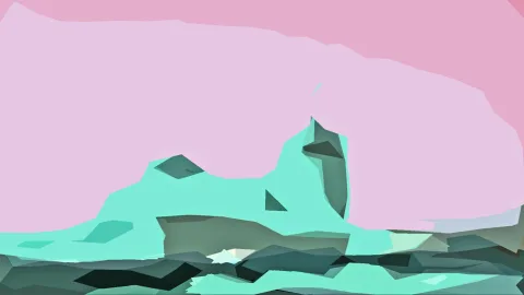Abstrakte Landschaft mit türkisfarbenen, kantigen Felsformen vor einem großen rosafarbenen Himmel, im Vordergrund dunkelgrüne Facetten.