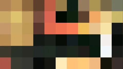 Ein Raster aus quadratischen Pixelblöcken in Ocker, Braun, Rot, Gelb, Grün und Schwarz, ohne erkennbares Motiv.