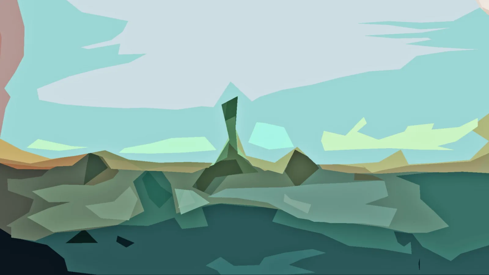 Abstrakte Landschaft aus flachen, kantigen Formen in Türkis, Grün und Beige, mit einem dunklen Felsturm in der Bildmitte.