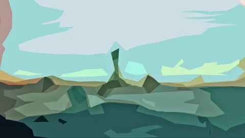 Abstrakte Landschaft aus flachen, kantigen Formen in Türkis, Grün und Beige, mit einem dunklen Felsturm in der Bildmitte.