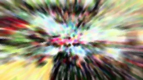 Abstraktes Bild mit radial von der Mitte nach außen laufenden Farbstrahlen in Grün, Rot, Gelb und Weiß, grob gerastert und verwischt.