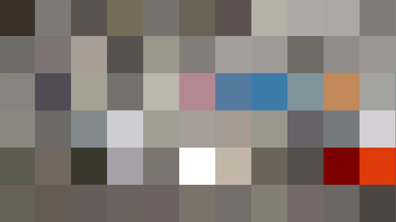 Rechteckiges Pixelmosaik aus grauen, braunen und wenigen farbigen Feldern, rechts unten ein leuchtend oranges und dunkelrotes Feld.
