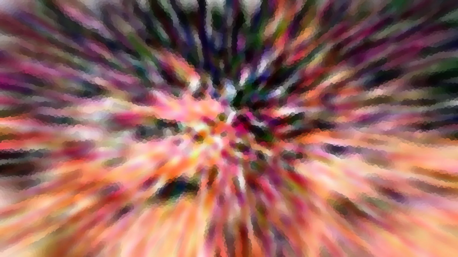Abstrakte Farbstreifen laufen radial aus einem hellen Zentrum in Pink, Orange, Grün und Dunkelblau auseinander.