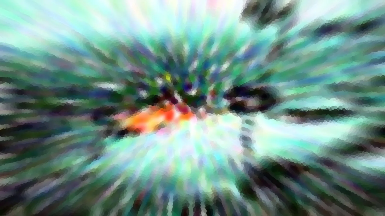 Abstrakte Komposition aus radial von der Mitte nach außen laufenden türkisfarbenen, weißen und dunklen Streifen mit einem orangefarbenen Fleck links der Mitte.