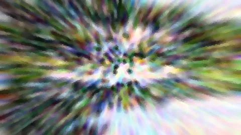 Abstraktes Bild mit radial von der Mitte nach außen laufenden Streifen in Grün, Lila, Weiß und Gelb, die wie Bewegungsunschärfe wirken und grob gepixelt sind.