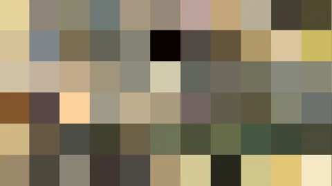 Rechteckiges Raster aus farbigen Quadraten in Beige, Oliv, Grau und Braun, mit einzelnen dunklen und hellen Feldern.