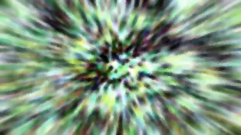 Abstrakte Komposition aus grünen, weißen und violetten Streifen, die radial von der Bildmitte ausgehen.