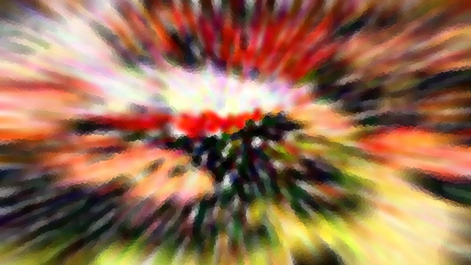 Abstrakte Komposition mit radial verlaufenden Farbstreifen in Rot, Gelb und Grün um ein dunkles Zentrum.