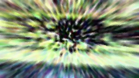 Abstrakte Komposition mit radialen Schlieren in Grün, Violett und Schwarz, die von einem dunklen Zentrum nach außen laufen.