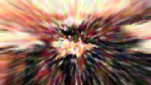 Abstraktes Bild mit bunten, radial von der Mitte nach außen verlaufenden Streifen in Gelb, Rot, Grün und Dunkelblau, die Mitte ist hell.