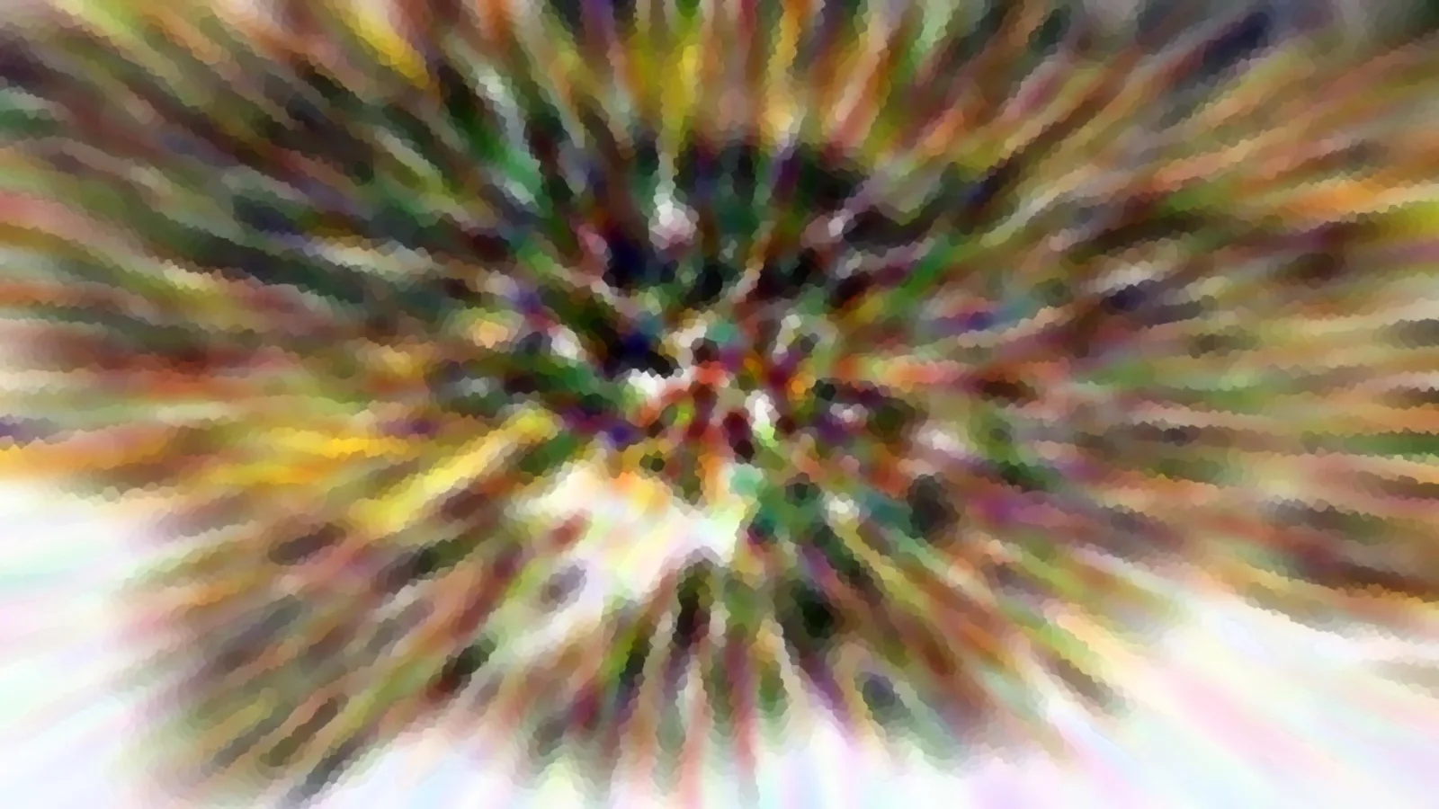 Farbenfrohe, radial verwischte Lichtstreifen, die von einem Zentrum in der Bildmitte nach außen laufen und unten in helles Weiß übergehen.