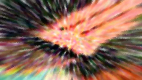 Abstraktes Bild mit radial von einem hellen orangefarbenen Zentrum ausgehenden grünen, schwarzen und rosafarbenen Schlieren, pixelig verwaschen.