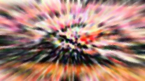 Abstrakte Komposition aus radial verlaufenden Schlieren in Rosa, Orange, Rot und Grün mit dunklem Zentrum
