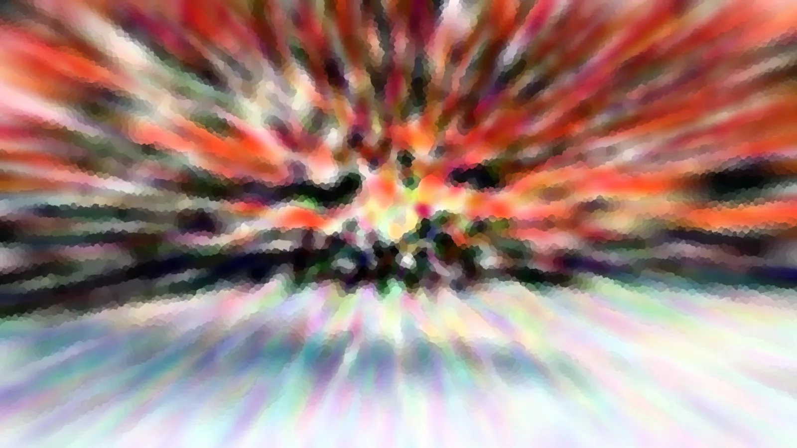 Abstrakte Komposition aus radial von der Mitte ausstrahlenden, verwischten Streifen in Rot, Orange, Schwarz und Pastelltönen, unten in hellen Regenbogenfarben.