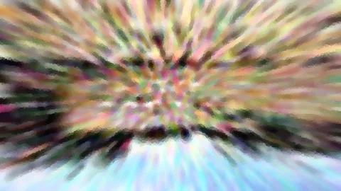 Abstraktes Bild mit radial von der Mitte ausstrahlenden, bunten Streifen in Rosa, Gelb, Grün und Blau, unten hellblauer Bereich.