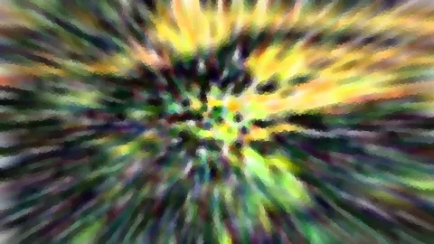 Abstrakte Komposition aus Streifen, die von einem dunklen Zentrum radial nach außen laufen, in Gelb, Grün und Dunkelblau, pixelig verwischt.