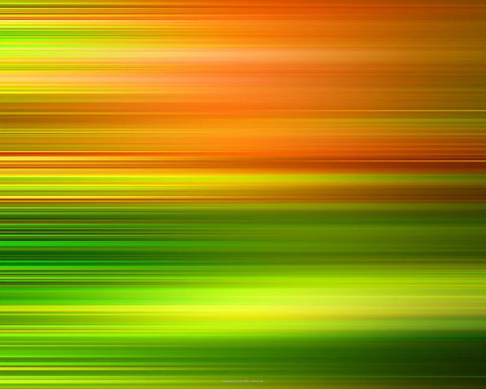 Abstrakte Komposition aus waagerechten, unscharfen Linien, oben in Orange und Rot, unten in Grün und Gelbgrün, mit weichen Übergängen.