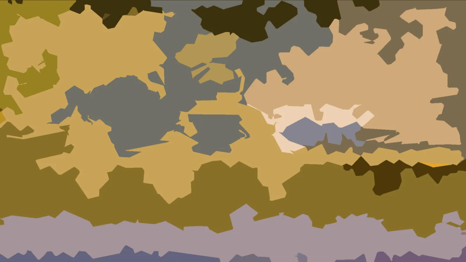 Abstrakte Komposition aus unregelmäßigen, kantigen Farbflächen in Ocker, Grau und Olivgrün, unten ein lavendelfarbenes Band.