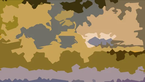 Abstrakte Komposition aus unregelmäßigen, kantigen Farbflächen in Ocker, Grau und Olivgrün, unten ein lavendelfarbenes Band.
