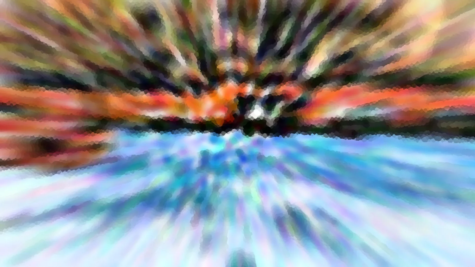 Abstrakte Komposition aus farbigen Streifen, die von einem zentralen Punkt nach außen strahlen; oben in Orange, Grün und Dunkelblau, unten in Hellblau und Weiß, mit mosaikartiger Körnung.
