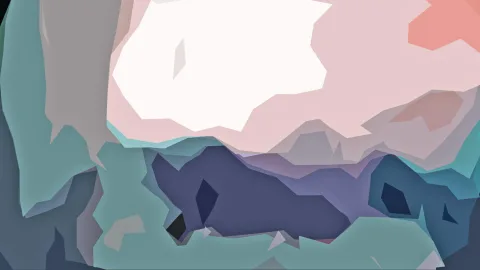 Abstrakte Komposition aus kantigen Flächen in Weiß, Rosa, Grau, Türkis und dunklem Blau, die sich zu einer Art Landschaft zusammenfügen.