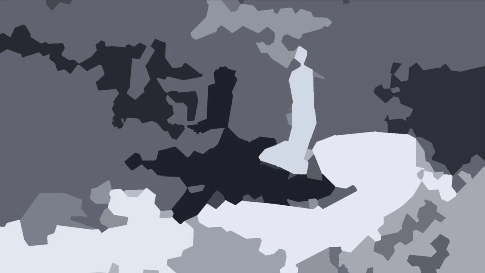 Abstraktes Muster aus grauen, schwarzen und weißen Flächen mit unregelmäßigen Konturen.