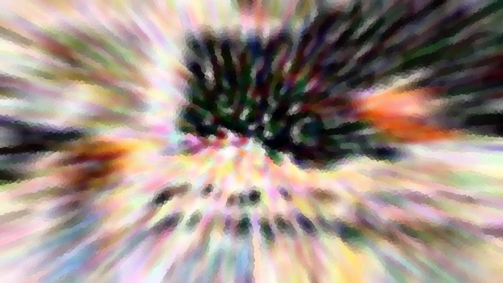Abstraktes Bild mit radialer Bewegungsunschärfe in Regenbogenfarben, im Zentrum dunkle grüne und schwarze Formen, nach außen helle Streifen in Rosa, Gelb und Orange