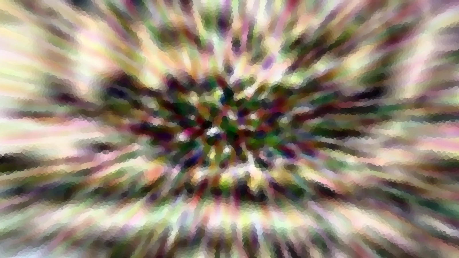 Abstrakte, radial verwischte Komposition aus Pastellfarben in Grün, Rosa, Violett und Weiß mit mosaikartiger Struktur.