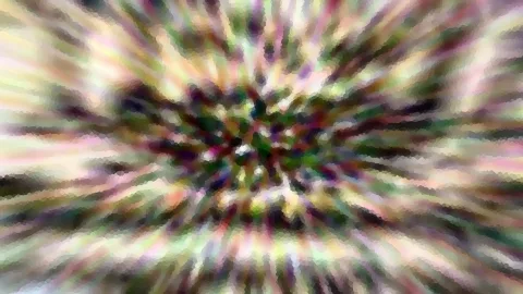 Abstrakte, radial verwischte Komposition aus Pastellfarben in Grün, Rosa, Violett und Weiß mit mosaikartiger Struktur.